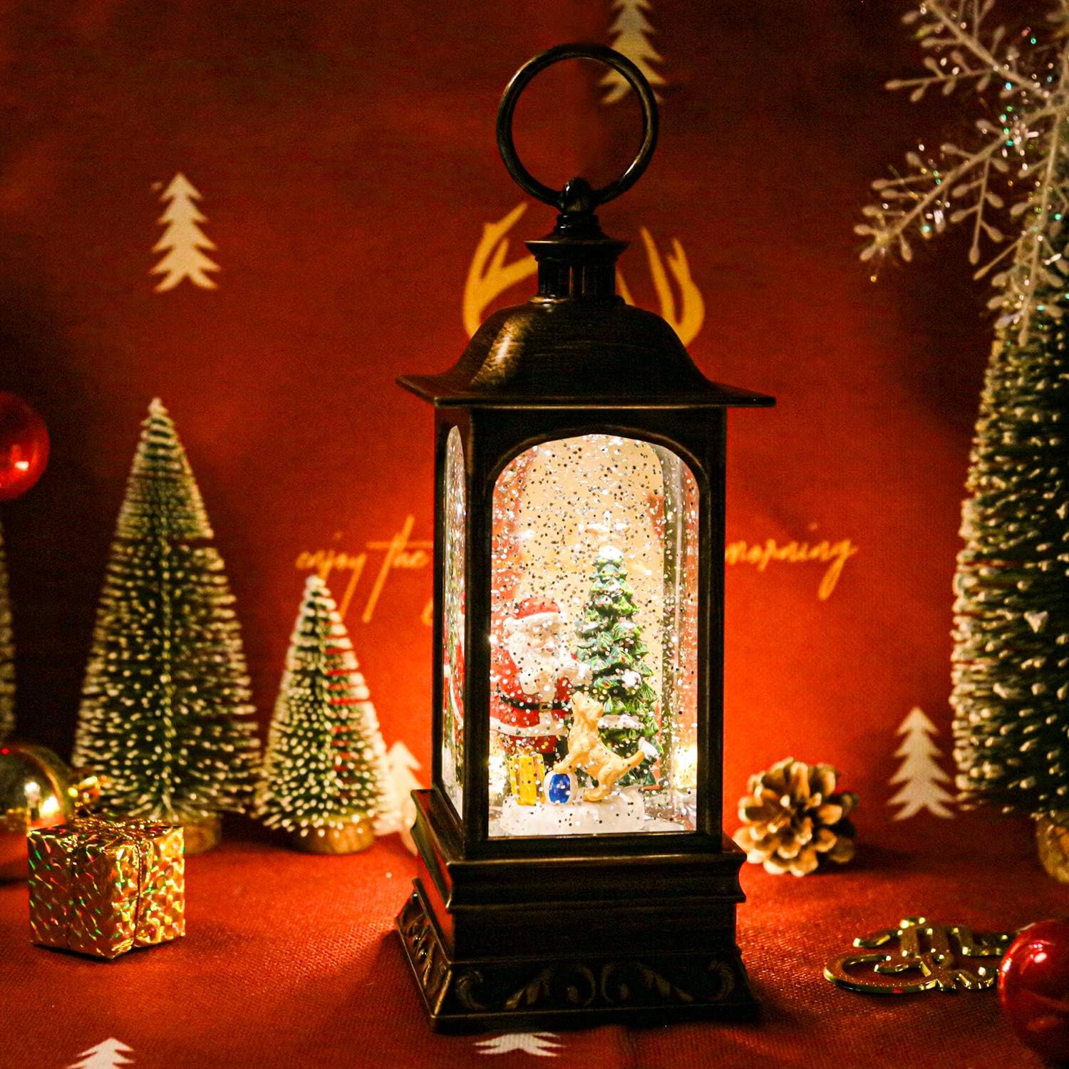 Snow Globe Christmas with Timer, Santa Claus Decoration LED Lantern with Glitter Great and Home Decoration