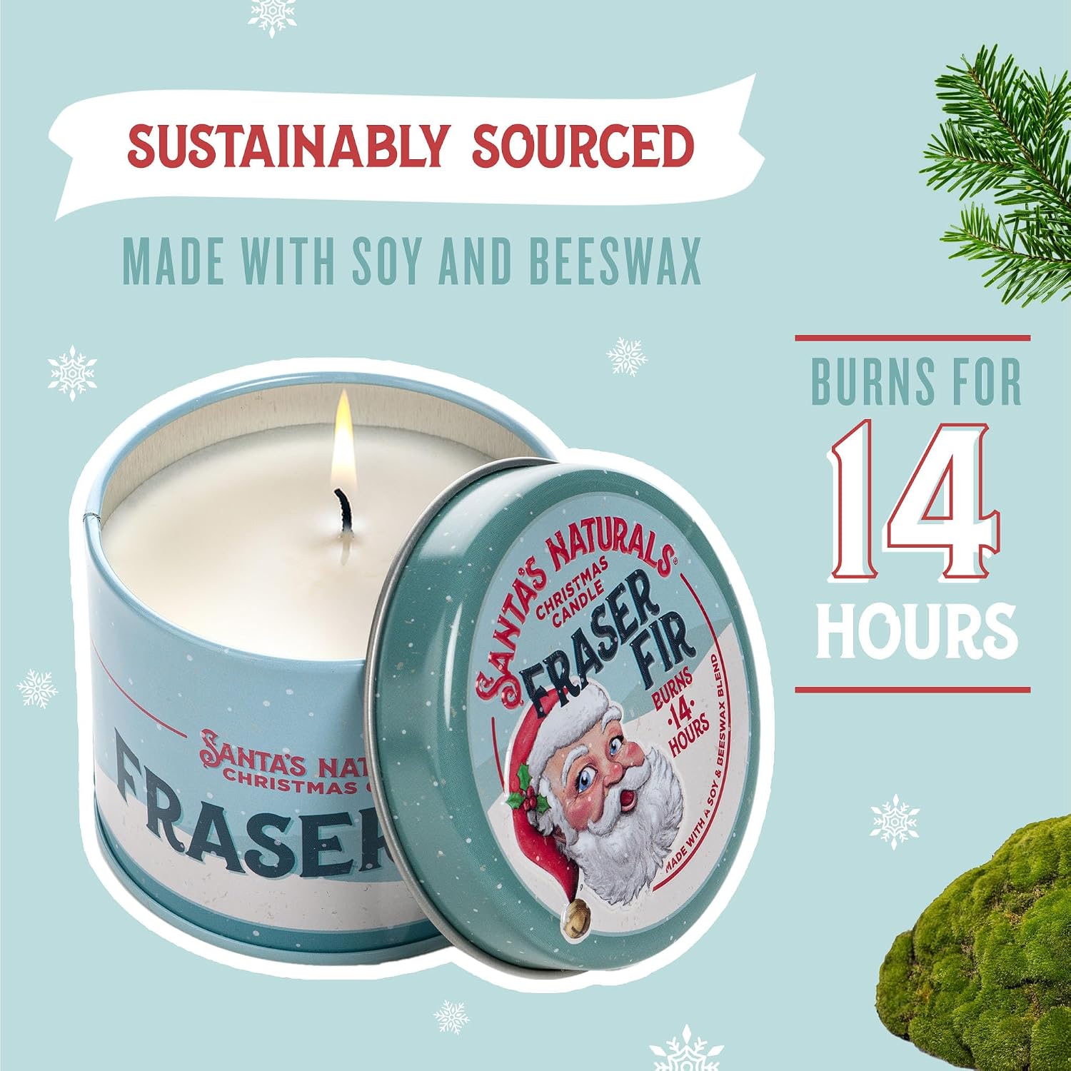 Santa's Naturals Fraser Fir Mini Christmas Candles, 3.5 oz (Pack of 3) | Soy & beeswax blend candles with fresh fir, cedar & cypress scent; up to 14-hour burn time each