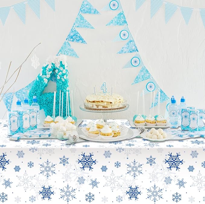 3 Pieces Snowflake Christmas Party Tablecloth Decorations,Plastic White Snowflake White Blue Xmas Backdrop Sign Table Cover Banner for Winter Christmas Holiday Party Supplies,54x108 inch（White/Blue）