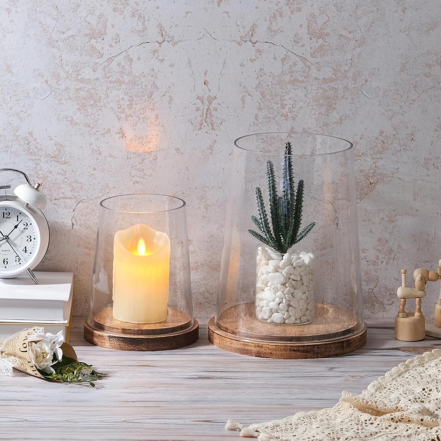 Set of 2 Glass Hurricane Candle Holders with Handmade Sturdy Glass Sleeves and Vintage Natural Wood Base for Pillar Candle & Plants, Industrial, Farmhouse, Display Cloche Bell Jars, Table Centerpiece