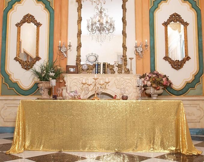 SquarePie Sequin Tablecloth 90 x 132 Inch Gold Sparkly Table Cloth for Wedding Party