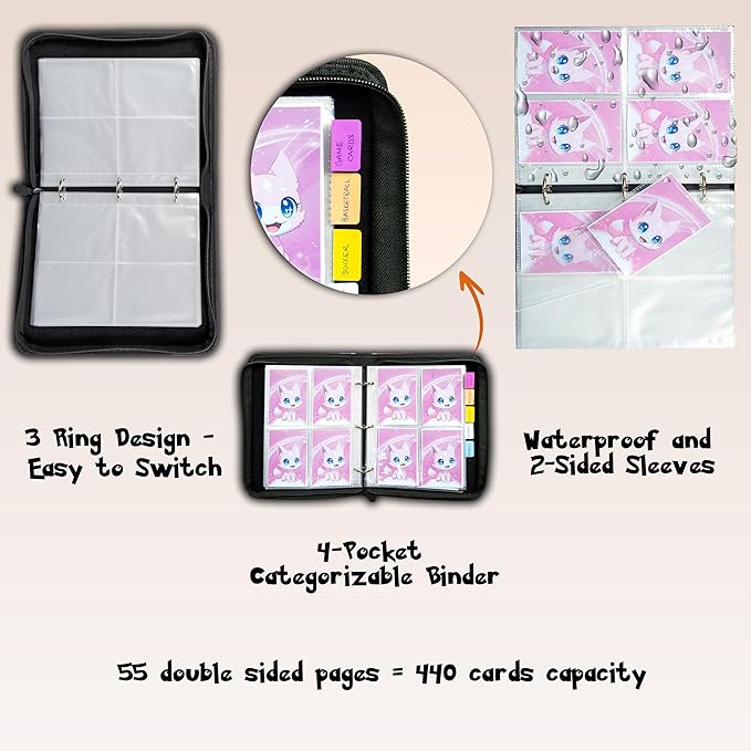 Cute Pink Trading Card Binder 4 Pocket for Girls Gifts - Includes Name Tag & Tab Stickers for Sorting - 440 Pockets Card Binders Zipper Album Book Holder - Baseball Football Sports Tcg Card Case