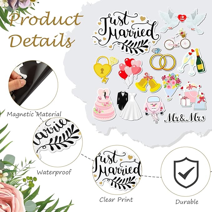 16 Pcs Just Married Car Decorations Include 14 Assorted Ornate Car Magnets Just Married Window Decal and Cardstock Sign Banner Wedding Decorations for Bridal Shower Honeymoon Photo Props