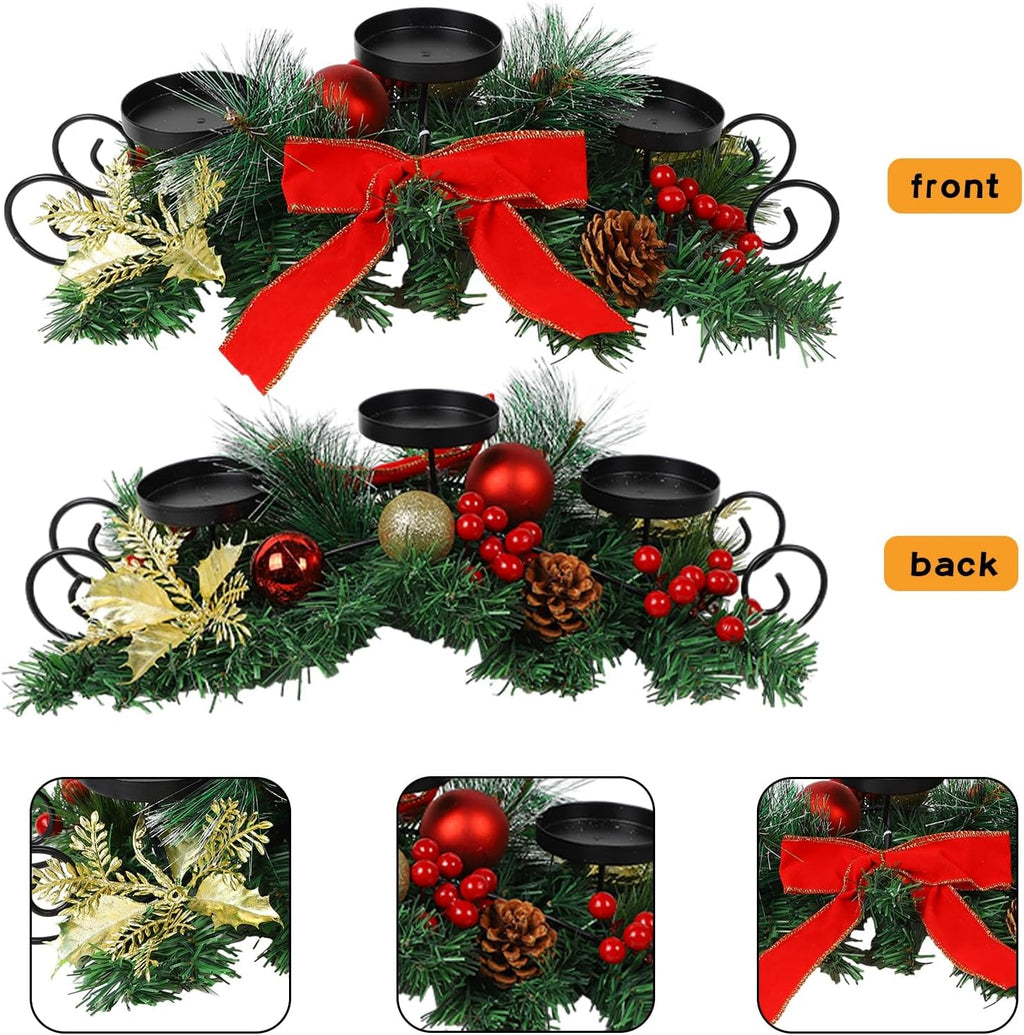 MorTime Christmas Candle Holder Centerpiece, Xmas Tabletop Decor with Red Bow Berries Pinecones, Table Centerpiece with Steel Base for Christmas Decoration