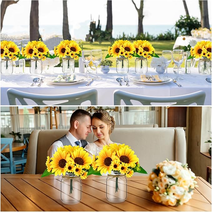 6 Set Centerpiece Table Decorations Mason Jar Table Centerpiece with Flower Mason Jar Wedding Centerpieces Vases Decor for Reception Engagement Party Bridal Shower (Sunflower)