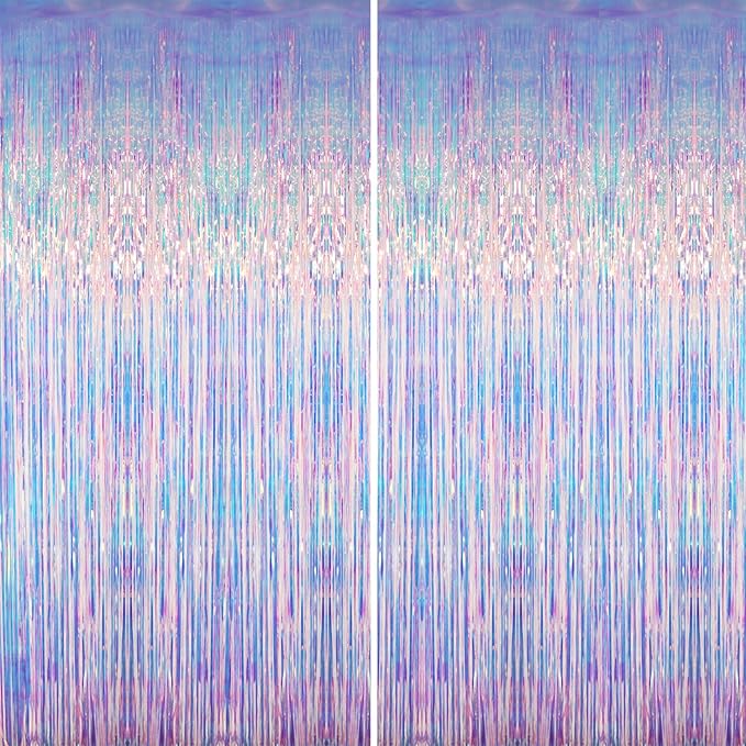 GOER 6.4 ft x 6.5 ft Metallic Tinsel Foil Fringe Curtains,Pack of 2 Party Streamer Backdrop for Mermaid Birthday Party Decorations(Neon Blue)