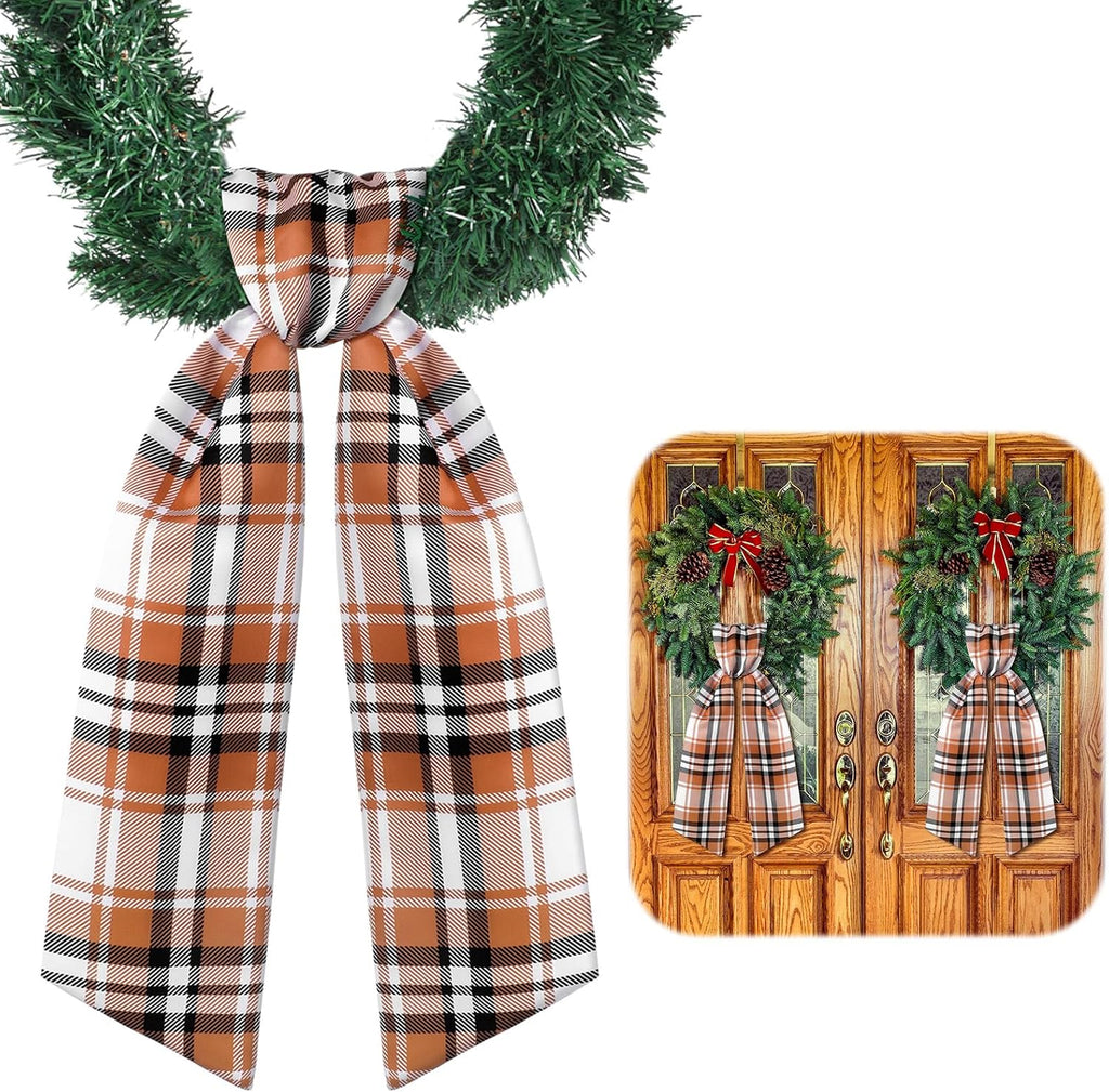 VitalCozy 2 Pcs Wreath Sash for Front Door, Fall Thanksgiving Plaid Wreath Sash Accessories Garland Ribbon for Embroidery Monogram Outdoor Indoor Wall Autumn Holiday Decor Yard Doorway