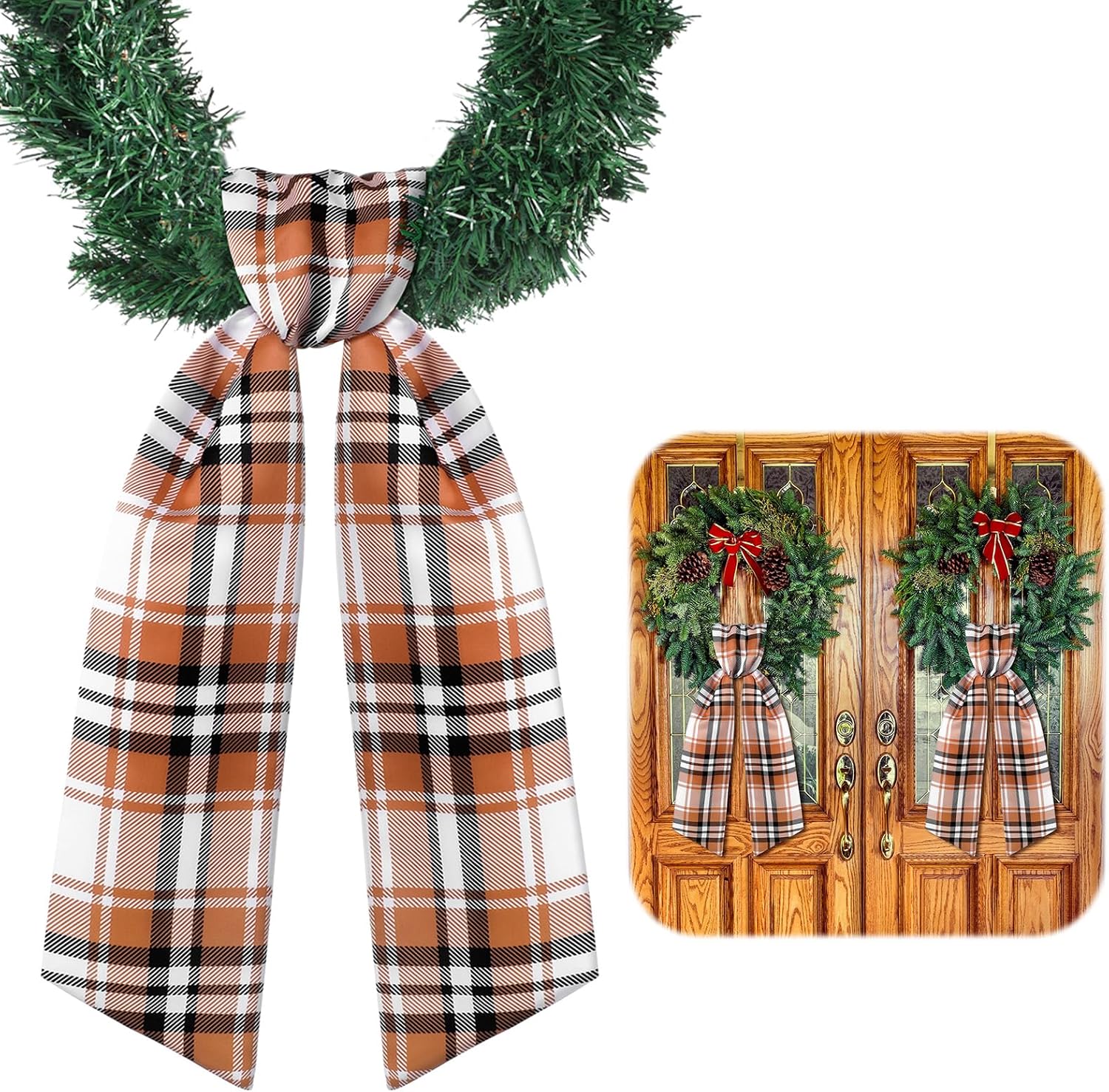 VitalCozy 2 Pcs Wreath Sash for Front Door, Fall Thanksgiving Plaid Wreath Sash Accessories Garland Ribbon for Embroidery Monogram Outdoor Indoor Wall Autumn Holiday Decor Yard Doorway