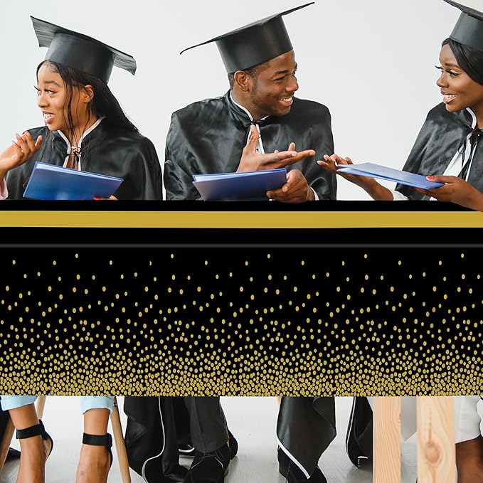 QZYL 12Pack Plastic Table Cloth Disposable, 54" x 108" Waterproof Black Table Cloths with Gold Dots, Outdoor Tablecloth for Rectangle, Table Cloth Cover for New Years Eve Decorations Holiday Birthday