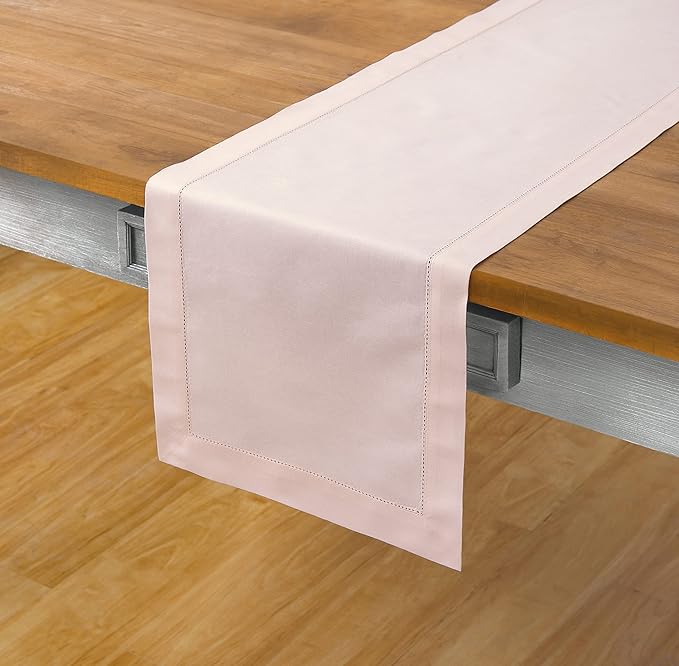 Solino Home Pink Hemstitch Table Runner 48 Inches - Cotton Linen Small Table Runner 14 x 48 Inch Ideal for Dresser and Coffee Tables - Fall, Autumn, Halloween, Thanksgiving, Christmas