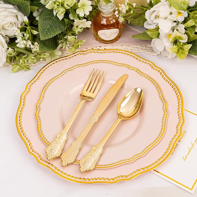 Hioasis 60pcs Pink Plastic Plates - Pink and Gold Disposable Dinnerware with Gold Rim, Heavy-duty, 7.5 inch, Dessert Plates for Party & Wedding