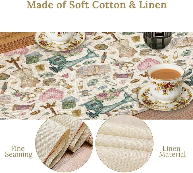 Sewing Theme Table Runner,Vintage Sewing Machine Tool Watercolor Pattern Print Tablecloth Burlap for Hotel Indoors Outdoor Dining Room Kitchen Home Decor,W13X L60 in