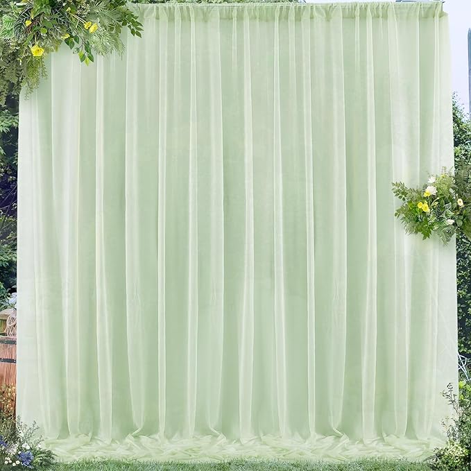 PARTISKY 10x7ft Sage Green Chiffon Backdrop Curtains, Wrinkle-Free Sheer Fabric Photo Drapes for Wedding Ceremony Arch Birthday Baby Shower Photography Stage Decor 5x7ft, 2 Panel