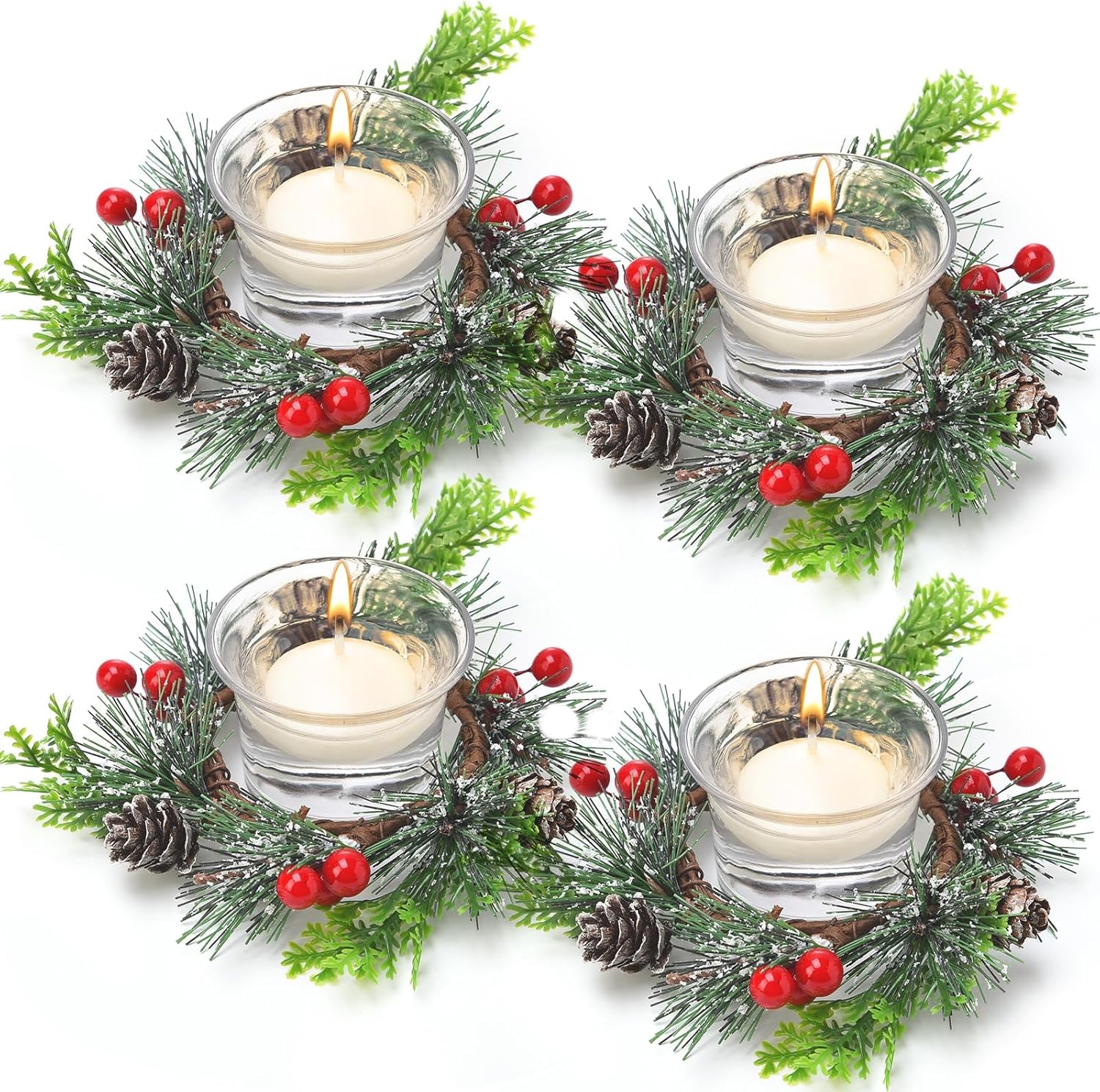 Dingion 12 Pcs Christmas Votive Candle Holder Set Xmas Table Centerpiece with Christmas Berry Candle Ring Decorative Glass Tealight Holder for Wedding Christian Church Xmas Holiday Table Decoration
