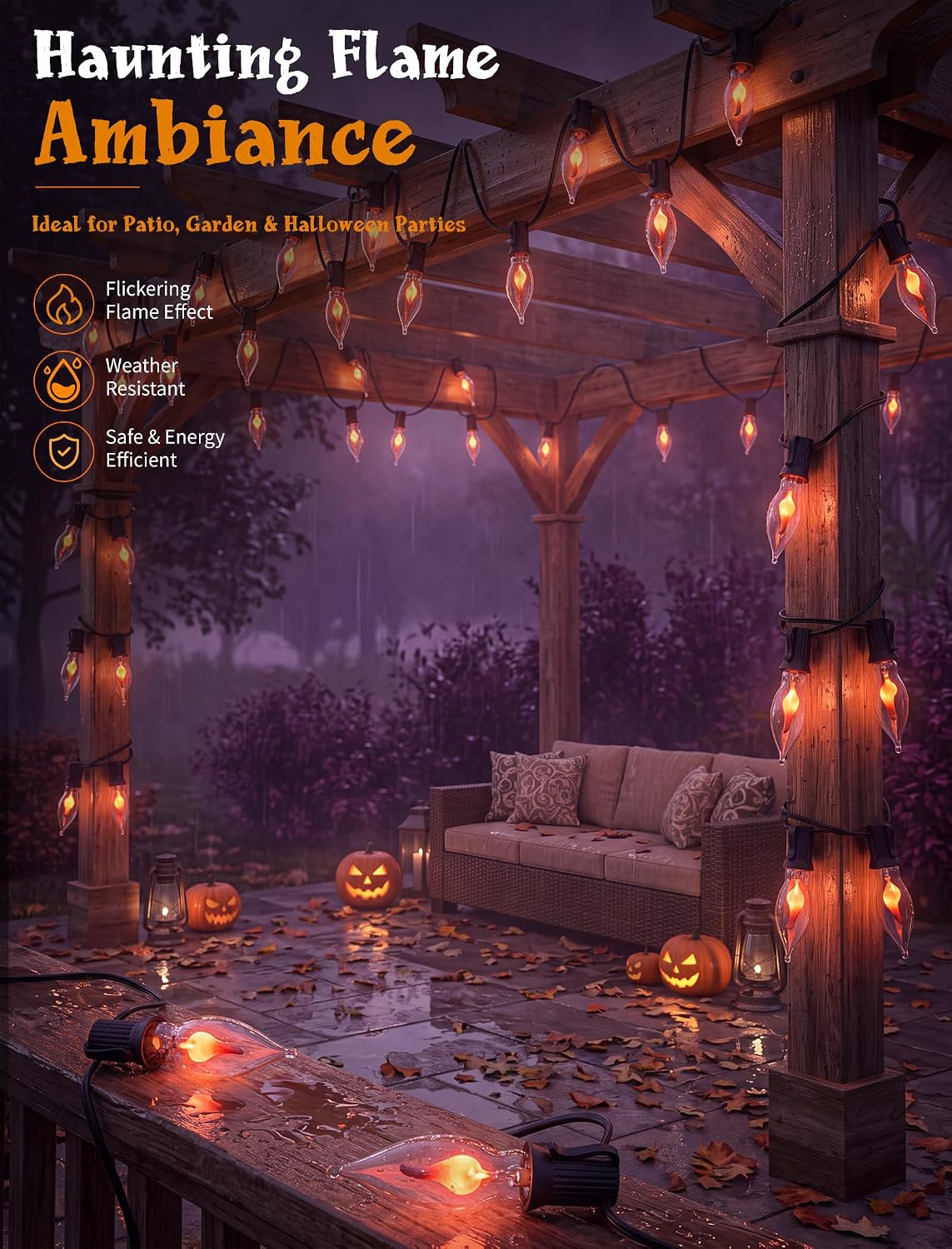 25Ft C18 Flickering Flame String Lights, Outdoor Halloween Decorations