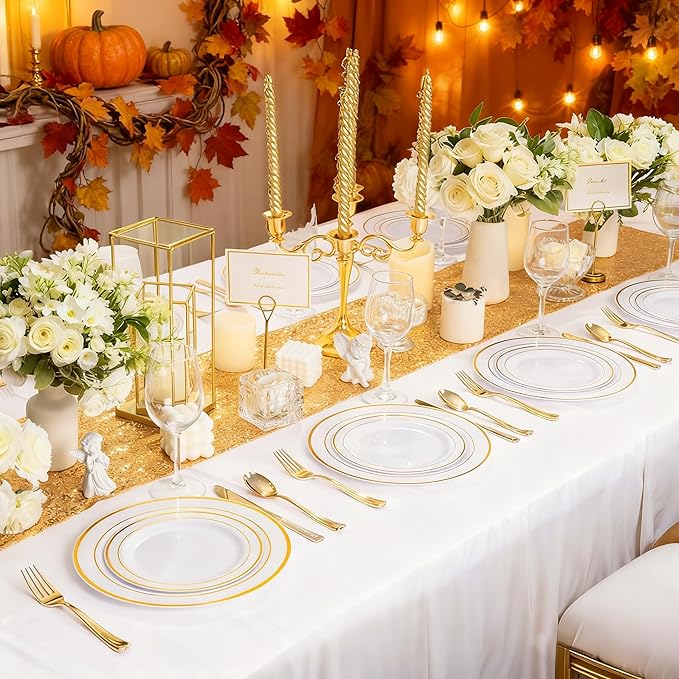 350 Pieces White and Gold Plastic Plates - 50 Guest Thanksgiving Dinnerware Set Include 100 Plates, 50 Plastic Silverware, 50 Napkins and 50 Cups for Thanksgiving