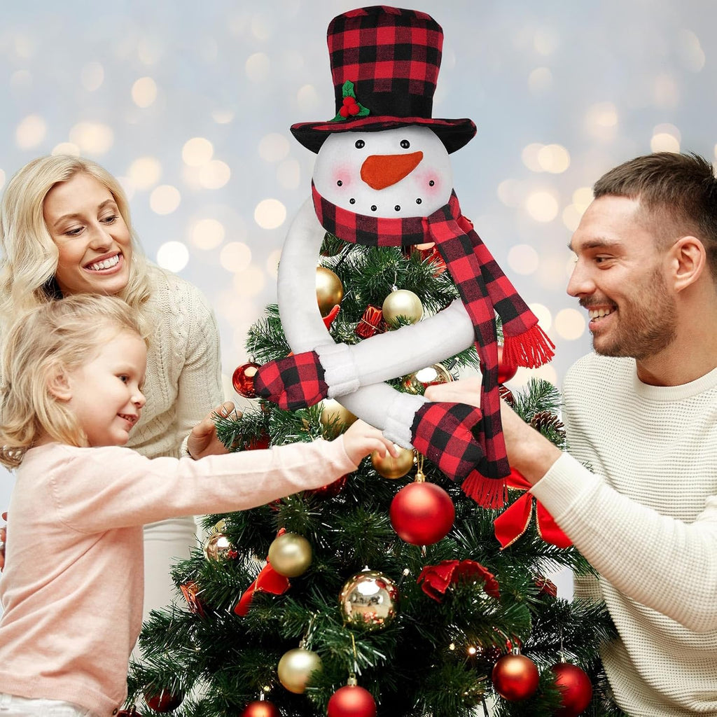 Christmas Snowman Tree Topper, Large Plush Snowman Treetop Hugger with Red and Black Buffalo Plaid Hat & Scarf, Fluffy Xmas Tree Ornament Holiday Winter Wonderland Home Party Decorations Supplies