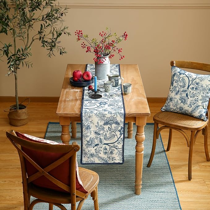 ISAENNE Designer Chinoiserie Elegant Linen Table Runner 102 Inches Long,Blue Floral Pattern Decor Table Runners for Thanksgiving,Dining Room,Banquet,Kitchen Tables,Christmas,12"*102"-Ruyi B