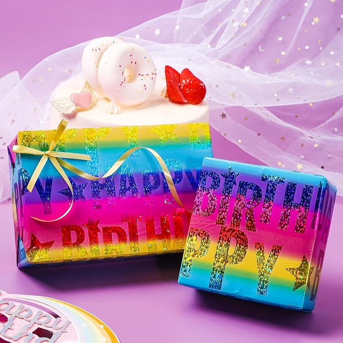 LeZakaa Holographic Birthday Wrapping Paper Roll, Happy Birthday Lettering with Colorful Stars, Rainbow Metallic Foil, with Cut Lines, for Boys Girls, Mini Roll, 17 inches x 32.8 Feet
