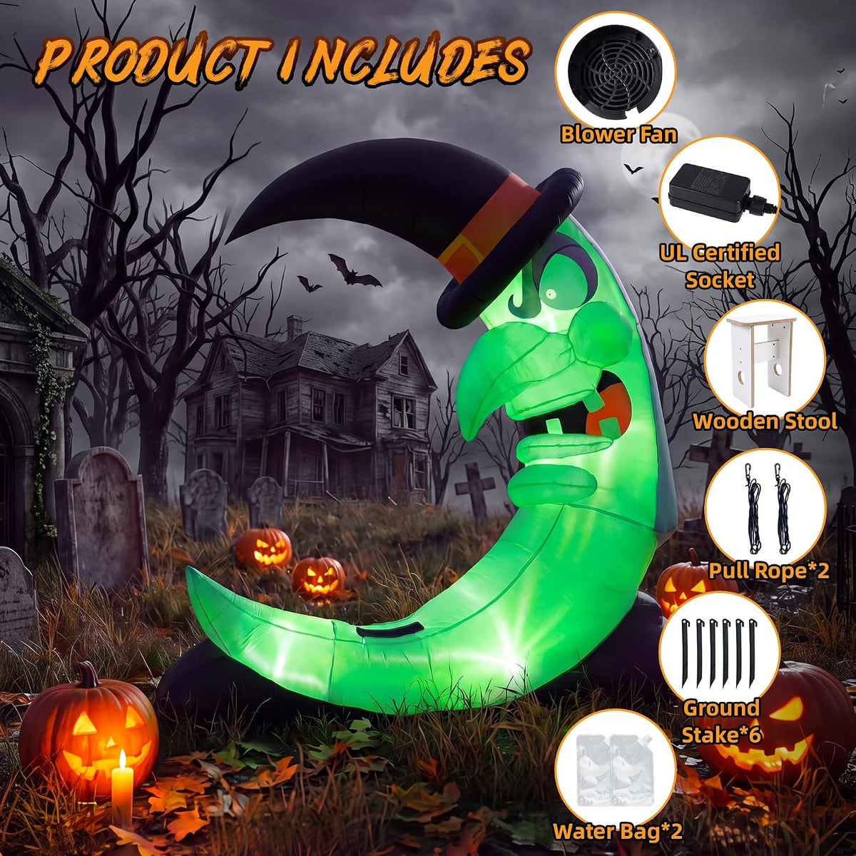 9ft green witch moon halloween inflatables outdoor decorations, front angle view