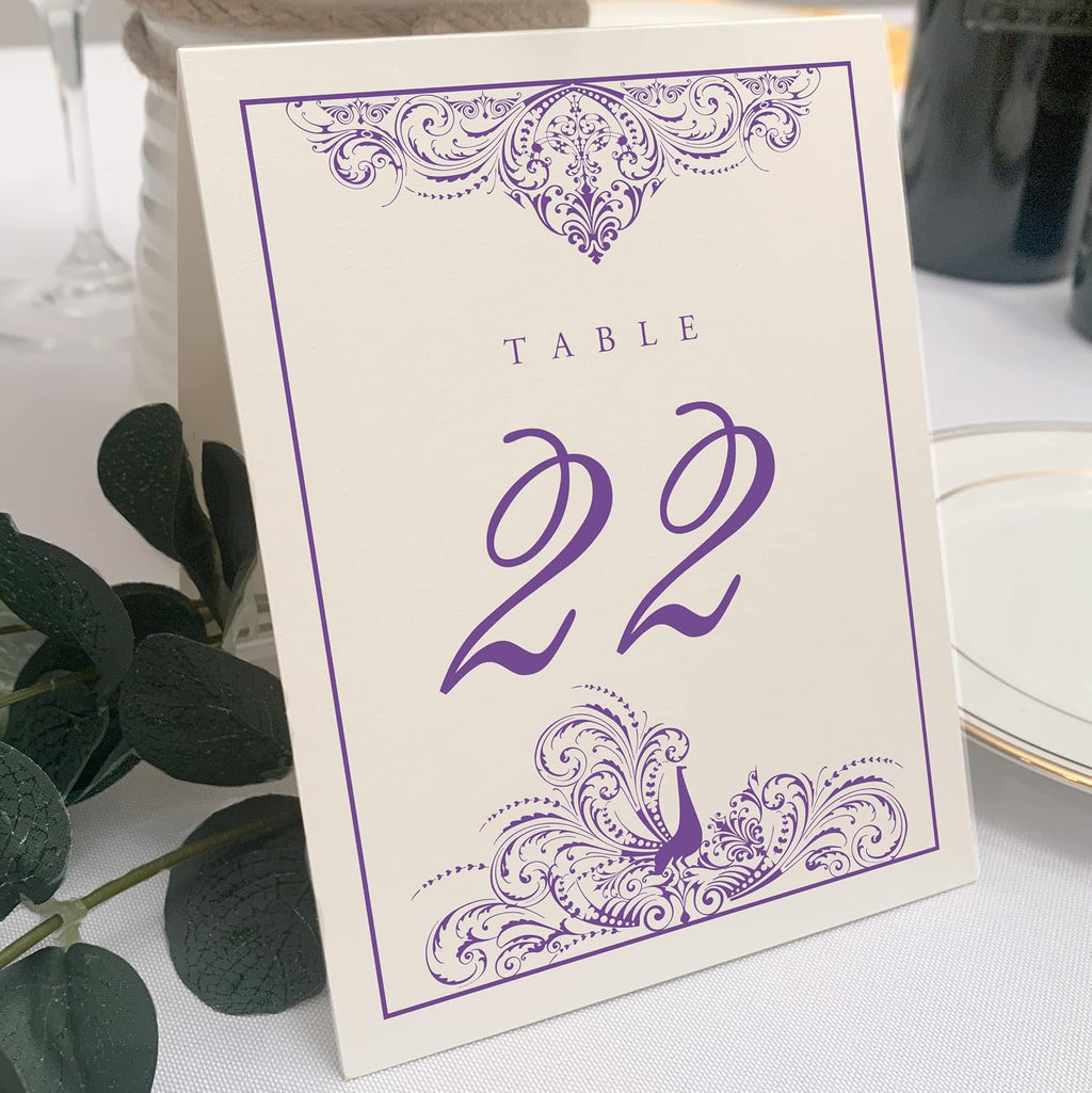 Peacock Flourish Table Numbers, Purple, 1-90 | Double Sided Tent or For Use in a Stand - Wedding Receptions, Special Events, Parties, and Restaurants - Made in the USA
