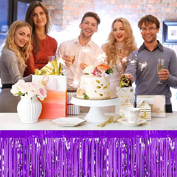 3 Pack 29 x108 Inch Purple Foil Fringe Table Skirts Metallic Banner for Tinsel Streamer Garland Backdrop for Parade Floats Mother's Day, Graduate, Birthday, Wedding Party Decoration
