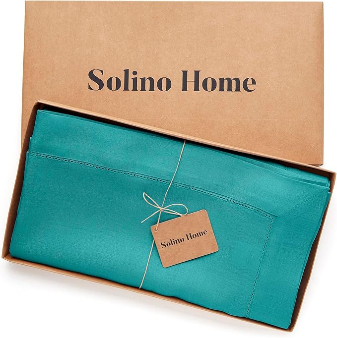 Solino Home Linen Tablecloth 60 x 132 Inch - Classic Hemstitch 100% Pure Linen Teal Table Cloth for Rectangle Tables - Machine Washable Tablecloth for Fall, Autumn