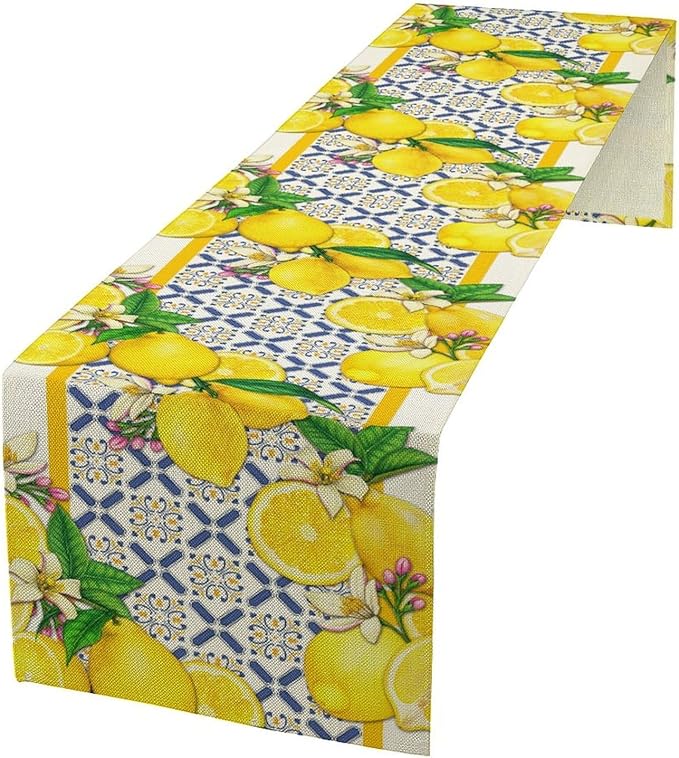 Lemon Table Runner,Spring Summer Seasonal Yellow Blue Table Runner for Kitchen Dining Table Home Party Decoration 13x36 Inch