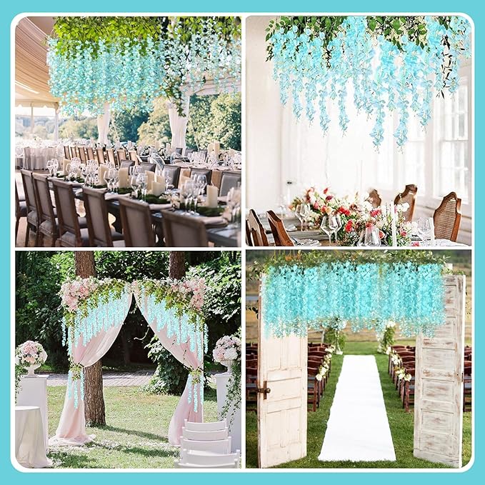 12 Pack Teal Wisteria Hanging Flowers Garland, 3.77 Feet Artificial Flower Vines, Fake Wisteria, Artificial Vines Hanging Garland for Backdrop Outdoor Yard Garden Decor