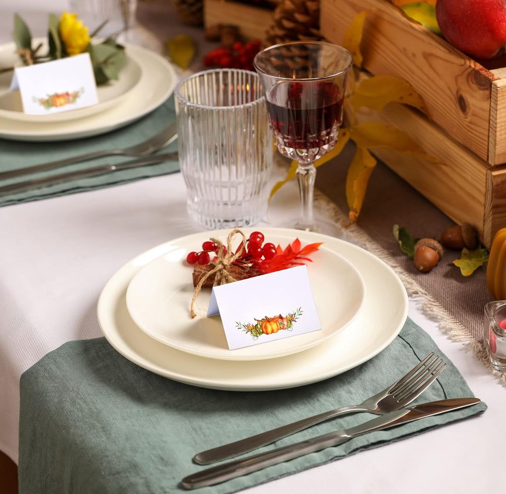 Gift Boutique 100 Pack Thanksgiving Place Cards with Pumpkins and Fall Leaves Folded Paper Name Cards for Dinner Table Setting Autumn Party Decorations
