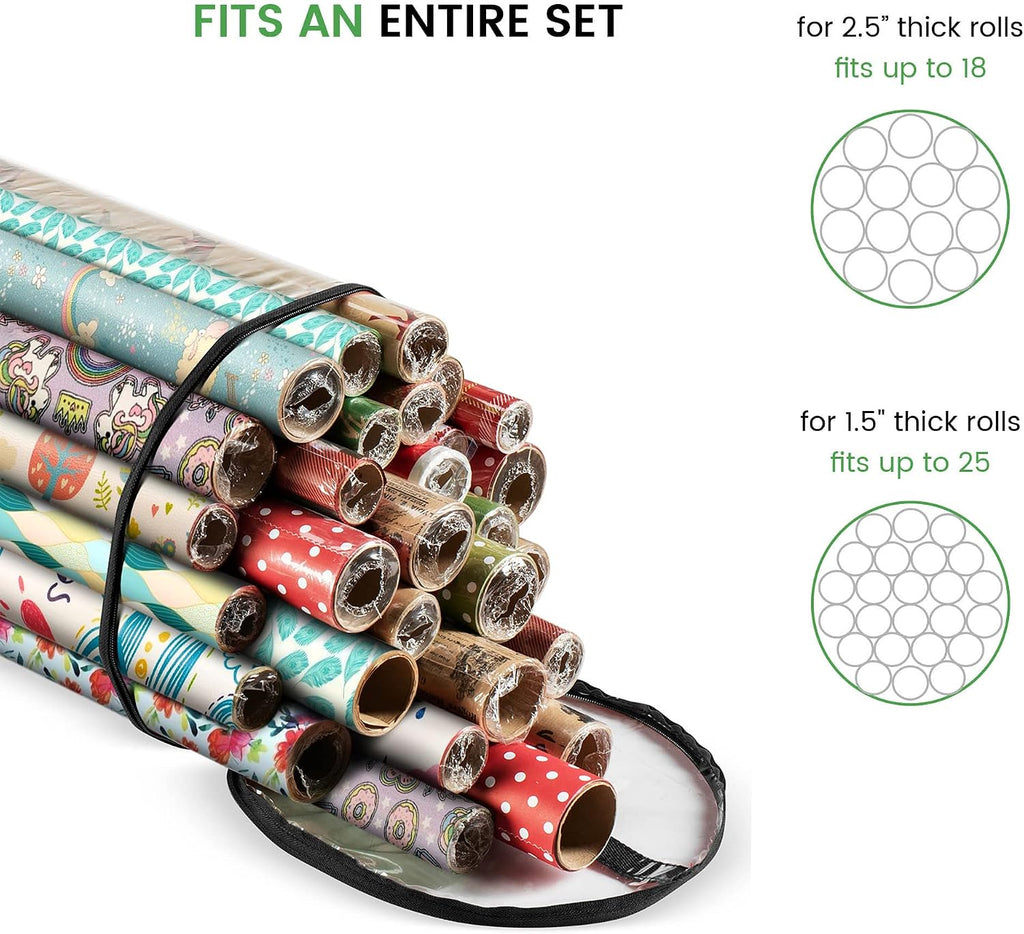 ZOBER Round Christmas Gift Wrapping Paper Organizer Storage - 40 Inch Gift Wrap Storage Containers - Wrapping Paper Holder, Clear PVC Waterproof, Fits 25 Standard Rolls - Black