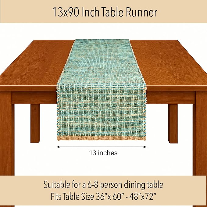 Chardin home Natural Jute Table Runner 13x90 Inch – Vintage Boho Rustic Table Decor – Handwoven Table Runner in Natural Jute and Aqua Turquoise – Farmhouse Dining or Console Table Accent