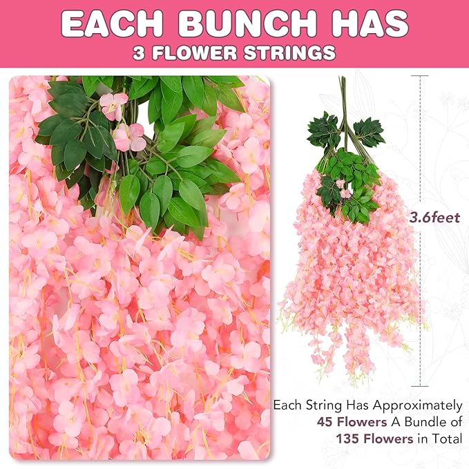 Wisteria Hanging Flowers,Fake Hanging Flowers,Wisteria artificiales Garland for Home Wedding Arch Floral Party Garden Ceremony Outdoor Decor,3.6 feet Long(50,Pink)
