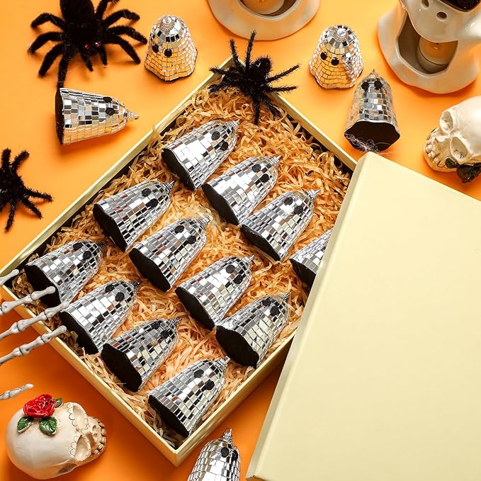 24 Pcs Halloween Disco Ghosts Decor Halloween Ornament Silver Mirror Disco Skeleton Tabletop Centerpiece for Holiday Cosplay Home Props Gift Party Decorations (Sliver)