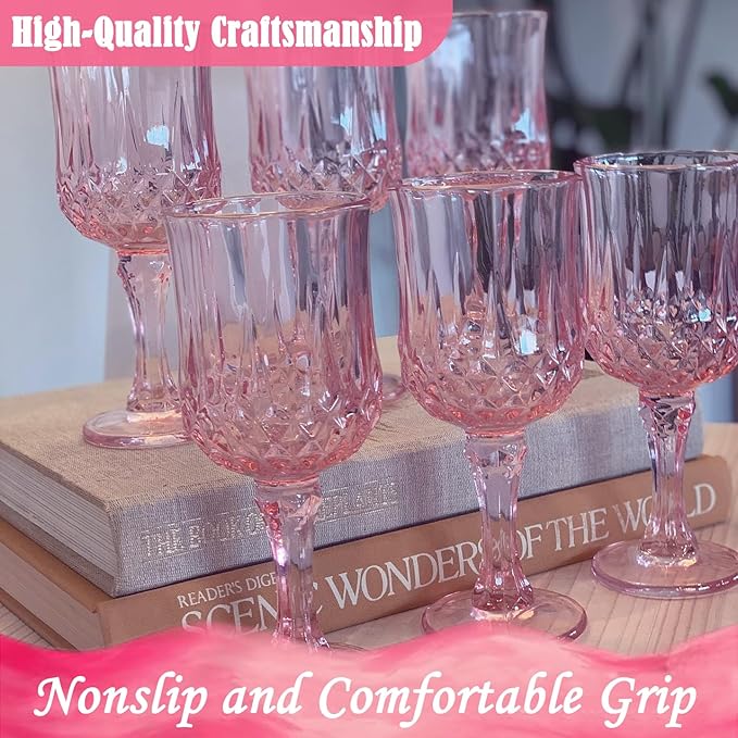 Plastic Wine Glasses，Plastic Goblets Vintage Style Cordial Drinking Glasses for Wedding Reception, Grand Event Party Supplies (24, Pink)