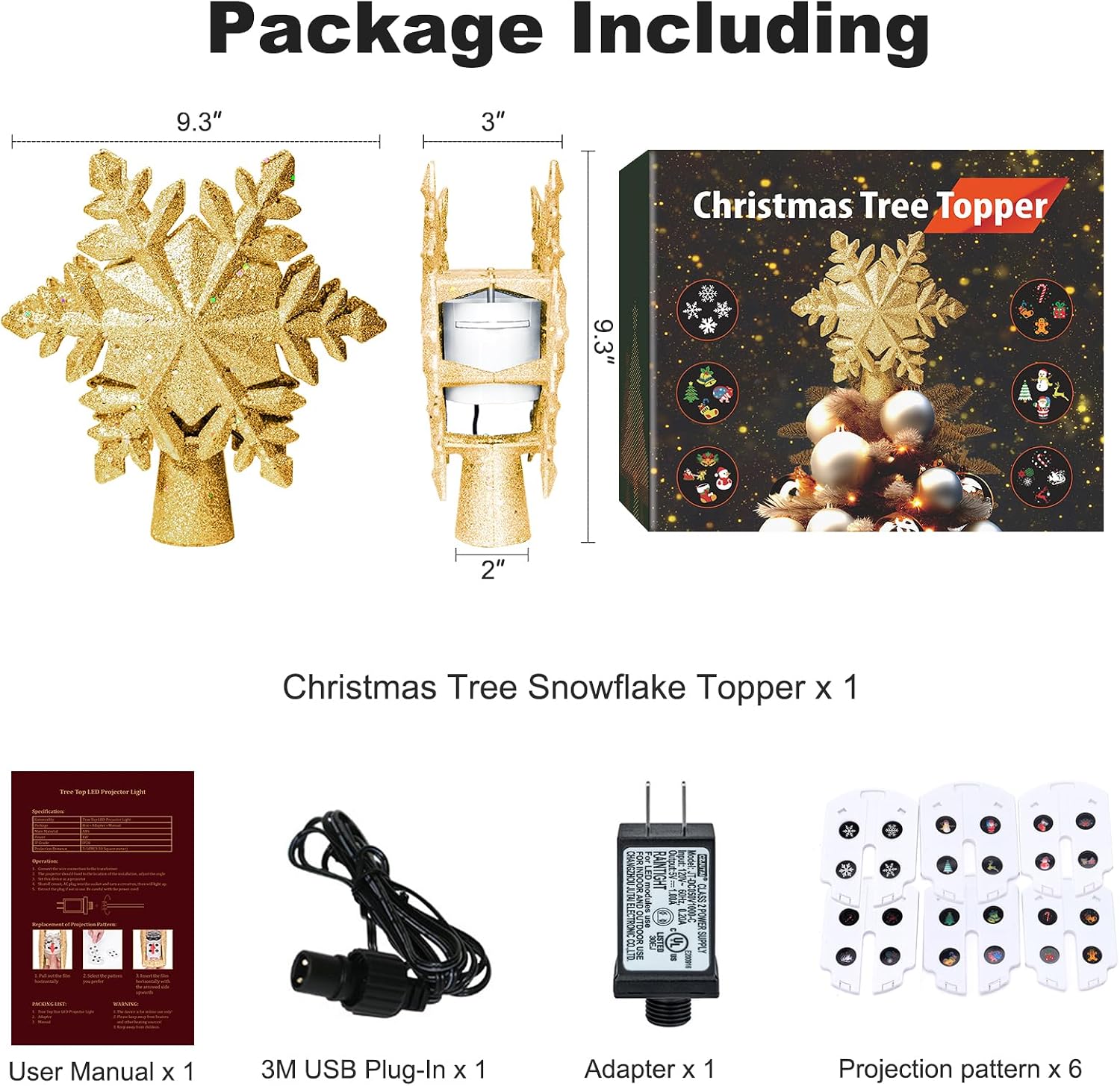 Christmas Tree Toppers Lighted with 6 Projection Modes, Christmas Snowflake Tree Topper with Built-in LED Rotating Lights, Gold 3D Glitter Projection for Xmas Party Holiday Decorations