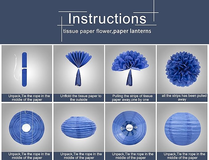 Rose-Gold Navy-Blue Pink Party Decorations - 18pcs Gender Reveal Decor,Tissue Pom Poms Event Supplies,Paper Flowers,Paper Lanterns,Baby Shower decoration,Birthday,Engagement,Bachelorette,Wedding