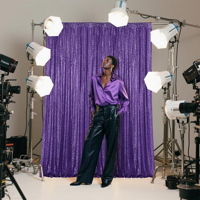 Purple Sequin Backdrop Curtain 2 Pieces 2FTx8FT Glitter Photography Backdrop for Party Wedding Birthday Christmas Decorations