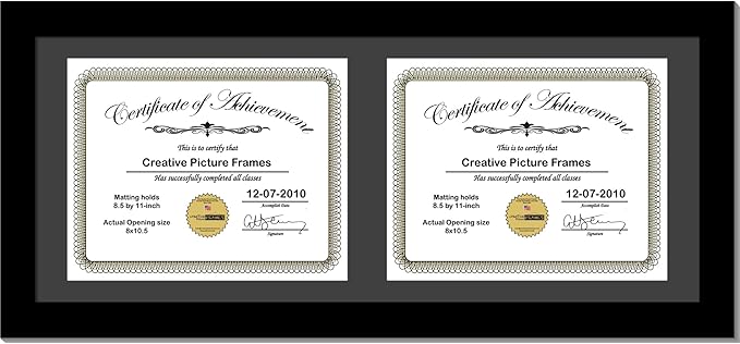 Creative Picture Frames 10X24Bk-B Black Horizontal Double Diploma Frame With 2 Opening Black Mat, Holds 2-8.5 By 11-Inch Documents With Wall Hanger