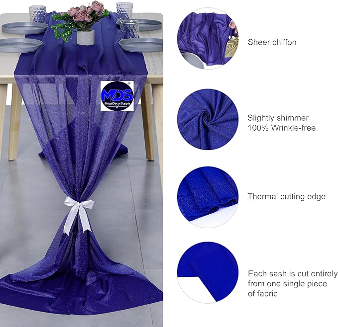 MDS 2 Pack 14ft Chiffon Table Runner 29 x 170 Inches Sheer Wedding Runner Romantic Rustic Table Runner for Wedding Decorations, Birthday Parties, Bridal Shower Party Arch Decor - Royal Blue