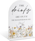 Wedding Signs for Ceremony and Reception, Boho Floral Acrylic Drinks are on Us Hangover is on You Sign, Wedding Signage with Stand, Bridal Shower Table Centerpieces, Supplies for Engagement Party, 35