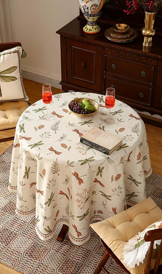 ISAENNE Designer Floral Linen Small Round Tablecloth,French Off White Elegant Table Cloth,Washable Home Decor Tablecloths for Dining Thanksgiving Kitchen Christmas Party,Diameter 55"-Grace B