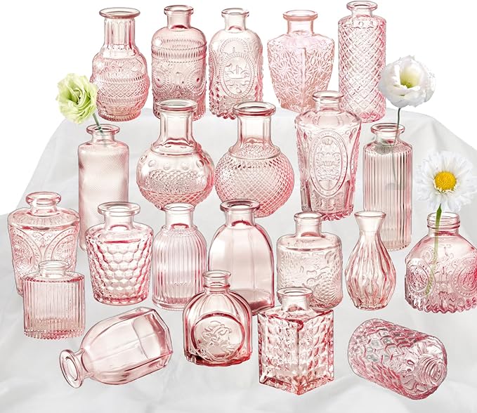 Pink Glass Bud Vase Set of 22, Small Vases for Flowers, Clear Glass Vases for Centerpieces, Mini Bud Vases in Bulk Rustic Wedding Decorations, Centerpieces, Vintage Look Home Table Flower Decor