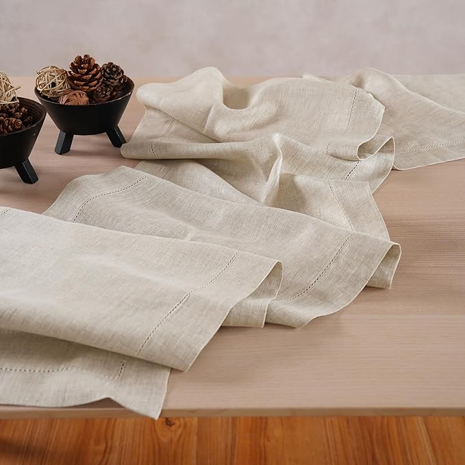 Linen Table Runner 36 Inches - 100% Pure Linen Light Natural Runner for Thanksgiving, Christmas - Lino Hemstitch Cloth Fabric Runner 14 x 36 Inch