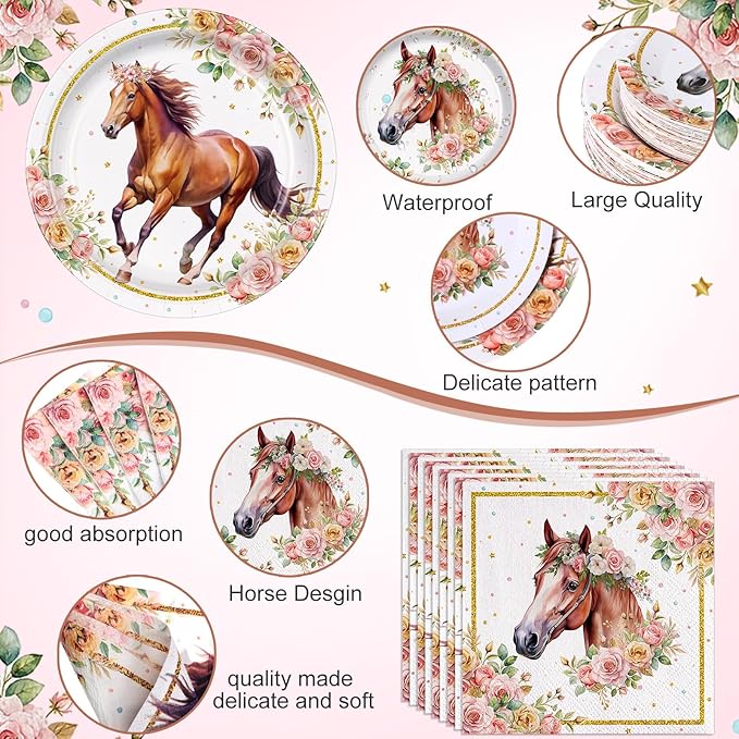 452 Pcs Horse Birthday Decorations for 50 Guests, Pink Floral Cowgirl Paper Plates Napkins Cups Tablecloth Cutlery Straws for Horse Themed Western Wedding Baby Shower Party Supplies