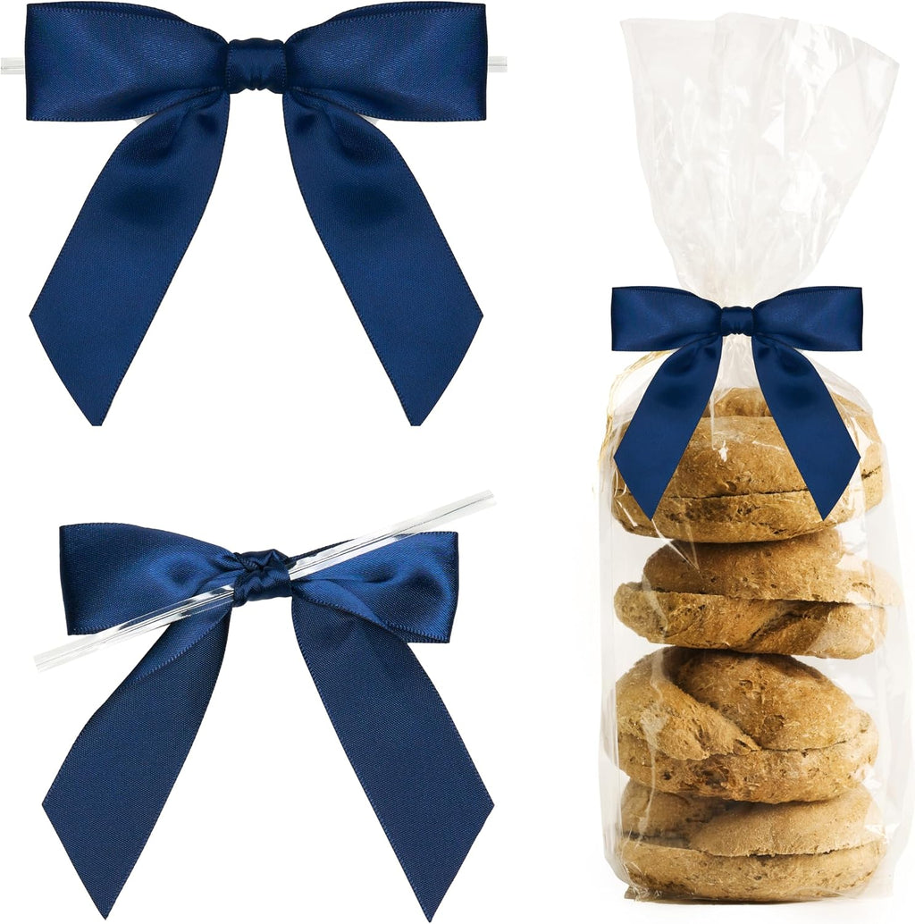 Blue Twist Tie Bows for Treat Bags 3.5" Pre-Tied Blue Bows Navy Satin Ribbon Bows for Gift Wrapping Premade Bows for Crafts, Party Favors, Wedding, Baby Shower Decorations (50 Pack)