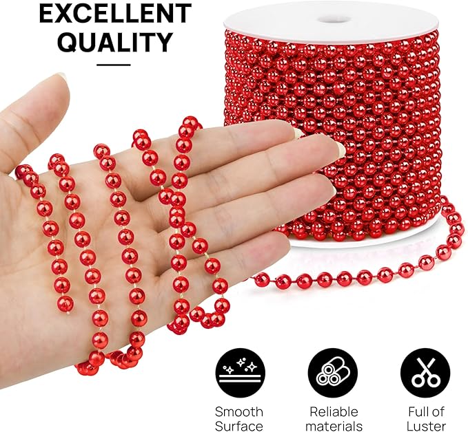 Craft String Pearls 6MM Pearl Bead, 66 Feet Red Faux Pearl Garland Spool Roll Strand Wedding Party Decoration, Christmas Tree Decorations