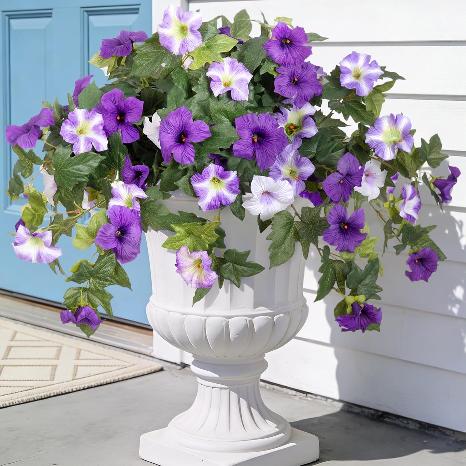 Ammyoo Artificial Fake Flowers Plants for Outdoor Decoration, 2PCS Faux Petunias Silk Flower UV Resistant No Fade for Home Outside Garden Balcony Yard Porch Realistic Indoor Decor (Purple White)
