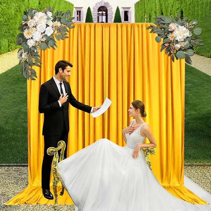 10ft x 10ft Gold Yellow Backdrop Curtains for Parties, Fabric Satin Background Curtain with Rod Pockets for Weddings, Birthday, Baby Shower, Photography, Graduation Party Backdrop Drapes, 2 Panels