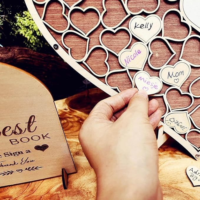 Wedding Guest Book Unique Wooden Heart Alternative GuestBook Bridal Shower Wedding Decoration with 83 Wooden Hearts 1 Sign Pen Set (Reddish Brown)